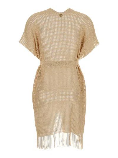 Twinset Beige Dress With Fringed Hem And All-over Embroidery In Viscose Blend Woman