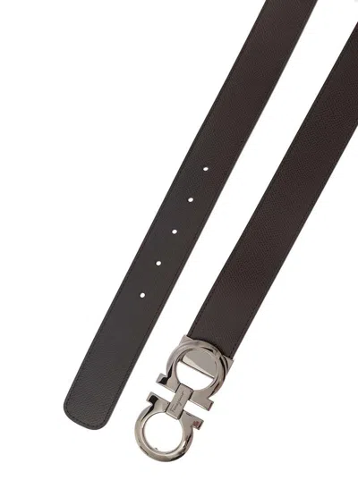 Ferragamo Brown Reversible Belt With Gancini Buckle In Leather Man In Black
