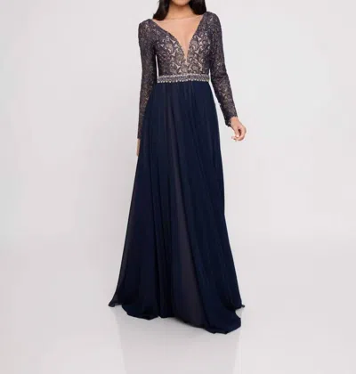 Terani Couture Lace Long Sleeved A-line Gown In Navy In Black