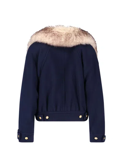 Chloé Crop Double Breasted Coat With Genuine Shearling Collar In Blue