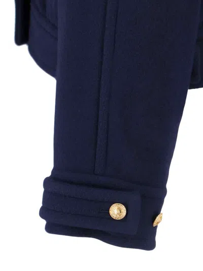 Chloé Crop Double Breasted Coat With Genuine Shearling Collar In Blue