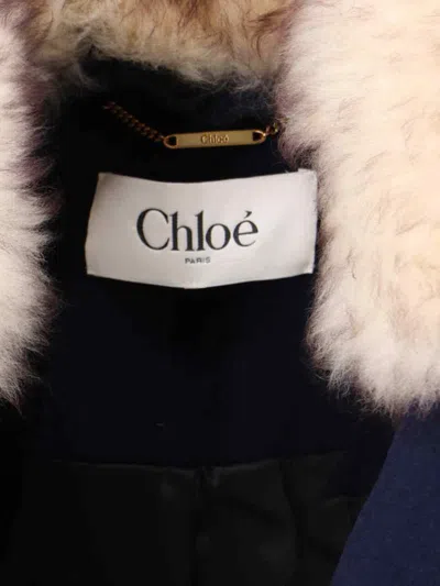 Chloé Crop Double Breasted Coat With Genuine Shearling Collar In Blue