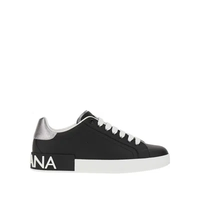 Dolce & Gabbana Portofino Black Low Top Sneakers With Metal Heel Tab And Logo Patch In Leather Man
