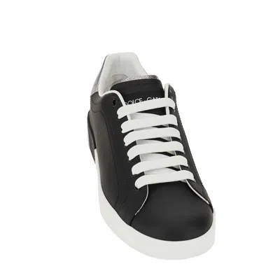 Dolce & Gabbana Portofino Black Low Top Sneakers With Metal Heel Tab And Logo Patch In Leather Man
