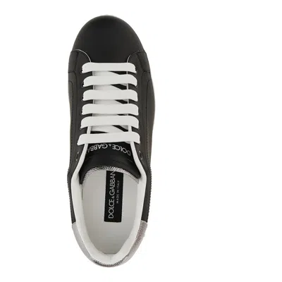 Dolce & Gabbana Portofino Black Low Top Sneakers With Metal Heel Tab And Logo Patch In Leather Man