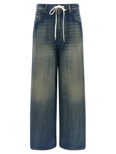 Mm6 Maison Margiela Wide-leg Drawstring Trousers Contrast Stitching In Blue