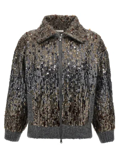 Brunello Cucinelli Mohair Cardigan With All-over Sequins In Gray