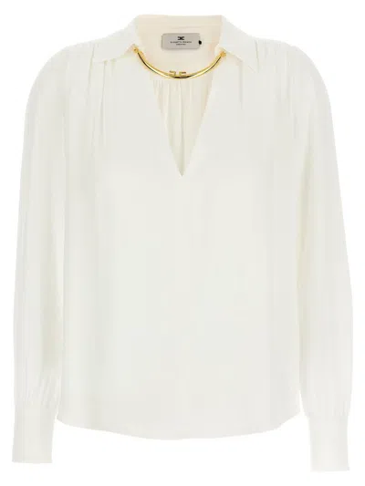 Elisabetta Franchi Pleated Shoulder Long Sleeve Shirt With Gold Hardware In White