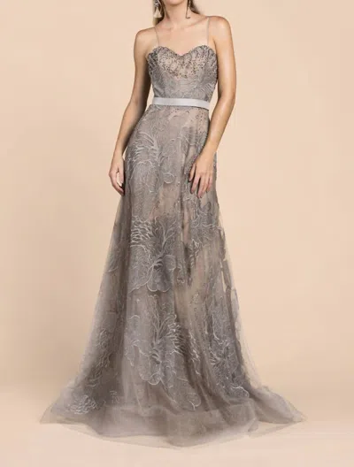 Andrea & Leo Couture Oriental Orchid Lace Gown In Gray