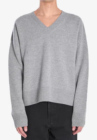Ami Alexandre Mattiussi Ami V-neck Ribbed Sweater With Embroidered Logo In Gray