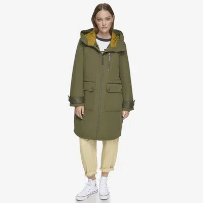 Andrew Marc Gemas Lightweight Parka Coat With Matte Shell And Faux Leather Details In Green
