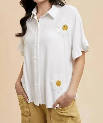 Anniewear Floral Crochet Patch Linen Blend Blouse In White