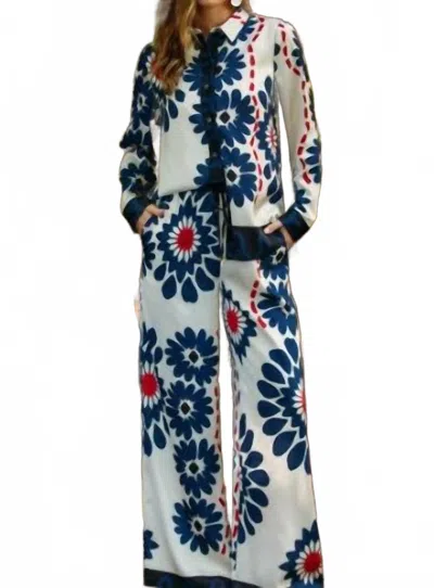 Skies Are Blue Floral Co-ord Long Sleeve Button Down Shirt In Ivory + Navy