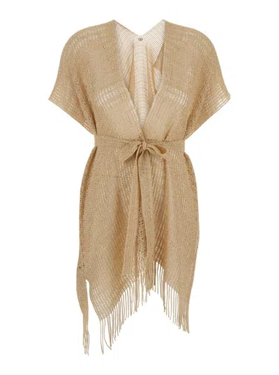 Twinset Beige Dress With Fringed Hem And All-over Embroidery