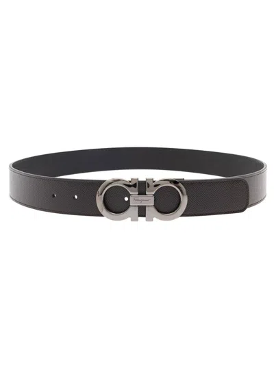 Ferragamo Brown Reversible Belt With Gancini Buckle In Leather Man In Black