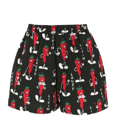 Junya Watanabe Man Graphic-printed Elasticated Waistband Shorts In Black