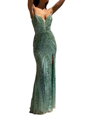 Primavera Fitted Body High Slit Dress In Mint