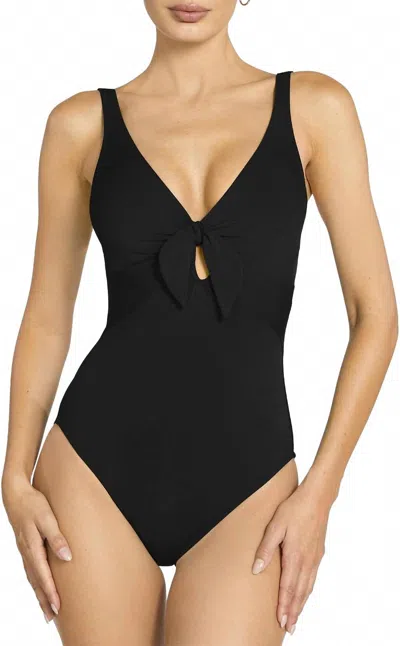 Robin Piccone Plunge Neck Tie-front One Piece Swimsuit In Black