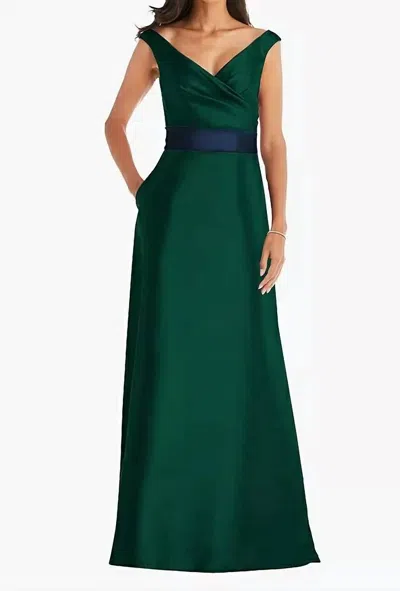 Alfred Sung Off Shoulder Draped Wrap Satin Maxi Dress In Hunter Green In Green