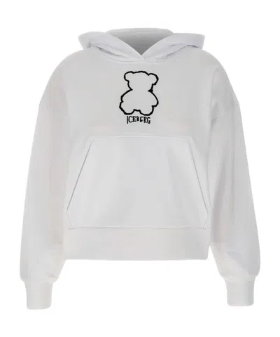 Iceberg White Cotton Hoodie With Pouch Pocket