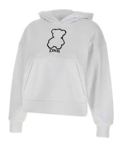 Iceberg White Cotton Hoodie With Pouch Pocket