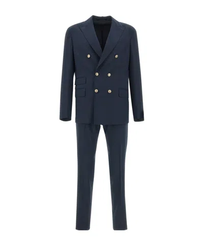 Eleventy Blue Double-breasted Suit With Peak Revers And Jewel Buttons In Wool Stretch Man In Blue