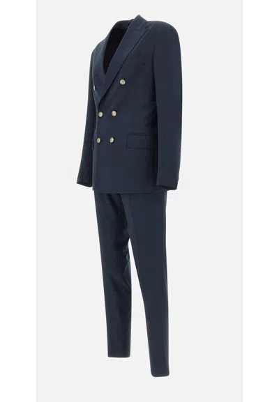 Eleventy Blue Double-breasted Suit With Peak Revers And Jewel Buttons In Wool Stretch Man In Blue