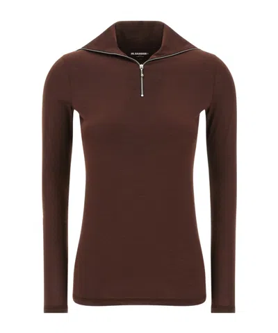 Jil Sander Half-zip T-shirt High Collar In Brown
