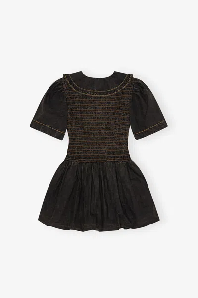 Ganni Cotton Dress With Puff Sleeves And Ruffled Collar In Gray