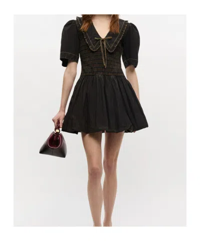Ganni Cotton Dress With Puff Sleeves And Ruffled Collar In Gray
