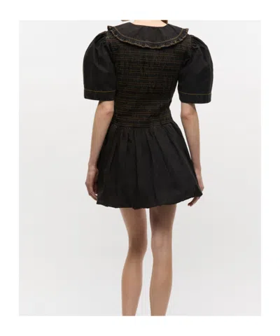 Ganni Cotton Dress With Puff Sleeves And Ruffled Collar In Gray