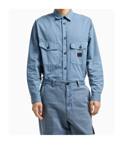 Emporio Armani Comfort-fit Shirt With Washed Twill Pockets In Blue