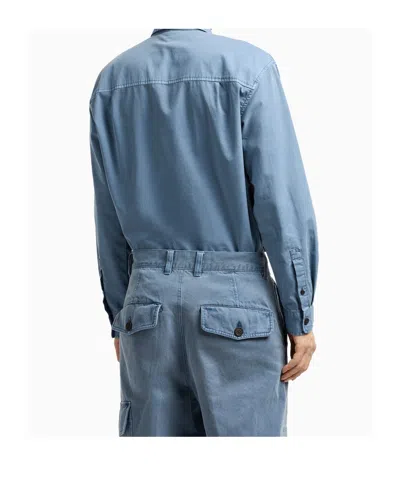 Emporio Armani Comfort-fit Shirt With Washed Twill Pockets In Blue