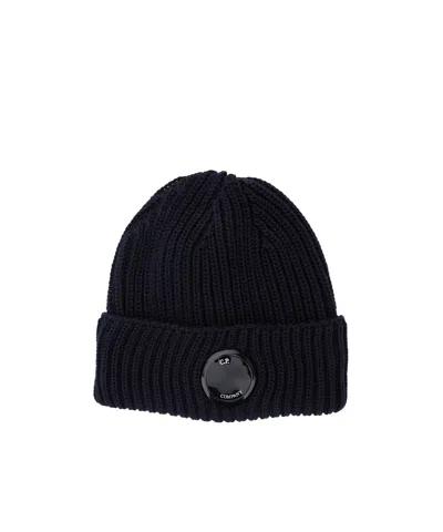 C.p. Company Blue Knit Beanie With Logo Plaque On The Front In Wool Man