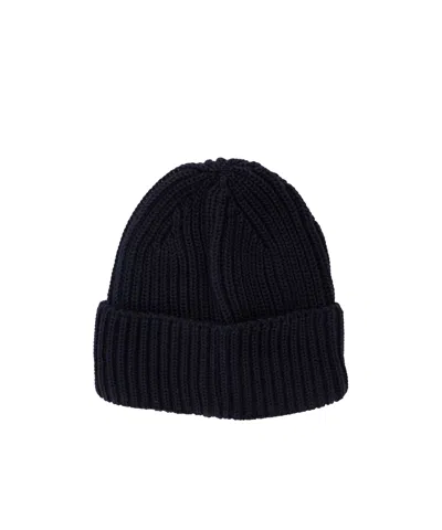 C.p. Company Blue Knit Beanie With Logo Plaque On The Front In Wool Man