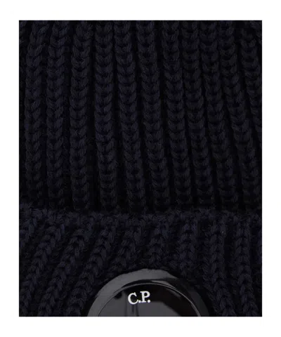 C.p. Company Blue Knit Beanie With Logo Plaque On The Front In Wool Man