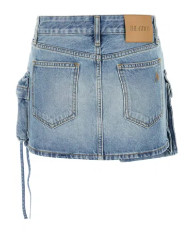 Attico Denim Mini Skirt With Pockets And Stitching In Blue