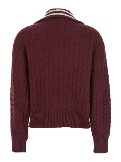 Brunello Cucinelli Women Red Cardigan With Bicolor Collar And Logo Patch On The Front In Cashmere Wo In Burgundy