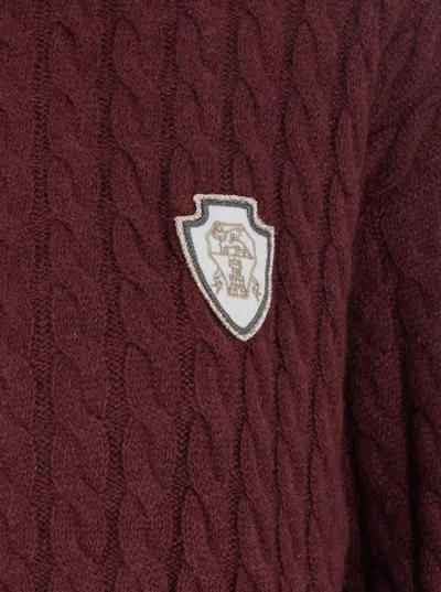 Brunello Cucinelli Women Red Cardigan With Bicolor Collar And Logo Patch On The Front In Cashmere Wo In Burgundy