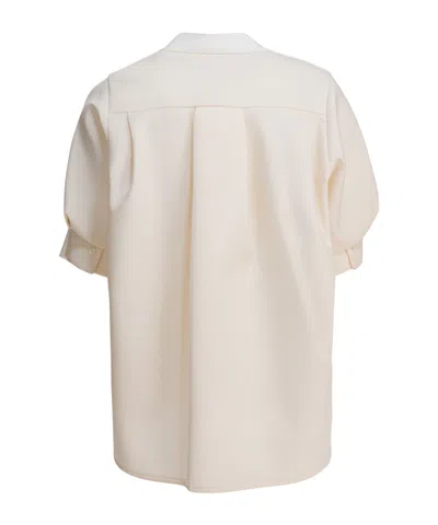 Sacai Short Sleeve V-neck Sweater With Ribbed Texture And Front Pockets In White