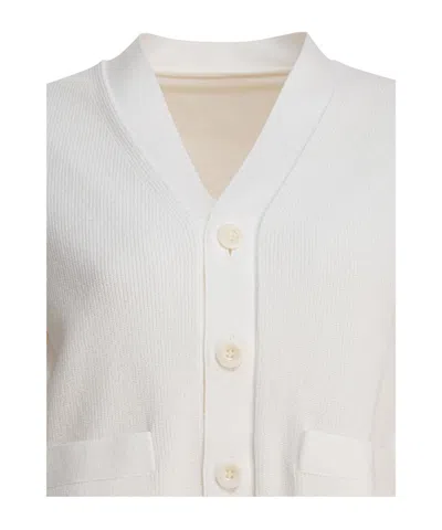 Sacai Short Sleeve V-neck Sweater With Ribbed Texture And Front Pockets In White