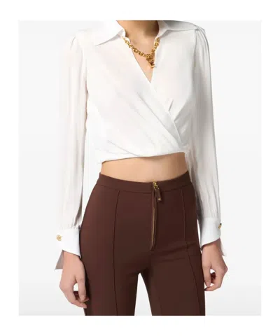 Elisabetta Franchi Cropped Shirt With Golden Chain And Padded Shoulders