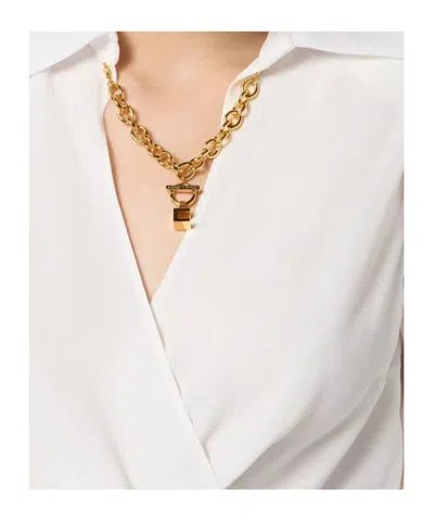 Elisabetta Franchi Cropped Shirt With Golden Chain And Padded Shoulders