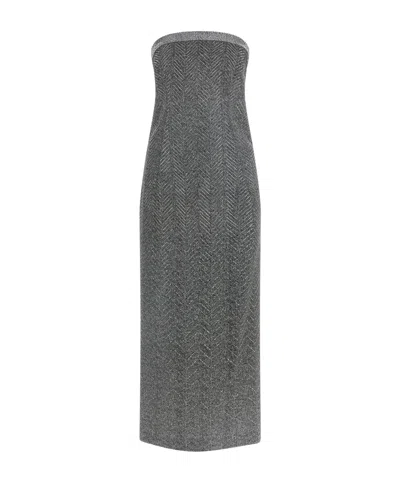 Ermanno Scervino Rhinestone-embellishment Herringbone-pattern Maxi Dress In Gray