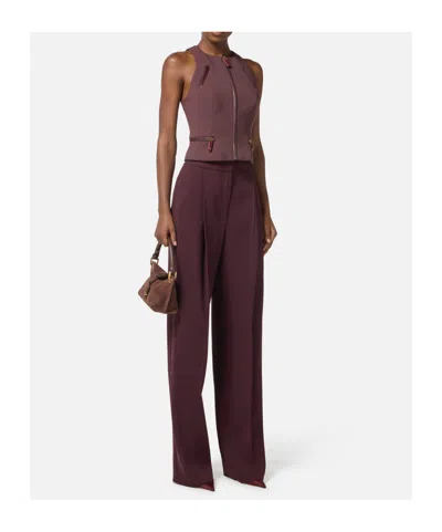 Elisabetta Franchi Double Crepe Top With Burgundy Zip Details In Brown