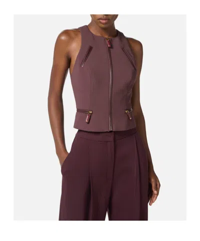 Elisabetta Franchi Double Crepe Top With Burgundy Zip Details In Brown