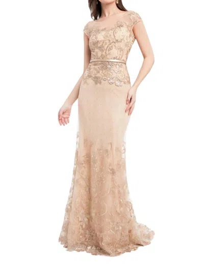 Terani Couture Sequined Metallic Lace Trumpet Gown In Rose Gold/nude In Neutral