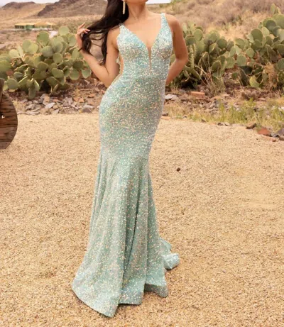 Vienna Prom Velvet Sequin Backless Mermaid Gown In Mint