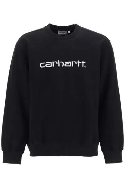 Carhartt Fleeced Cotton Crew-neck Sweatshirt With Embossed Logo In Black