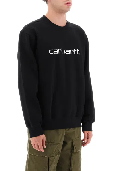 Carhartt Fleeced Cotton Crew-neck Sweatshirt With Embossed Logo In Black